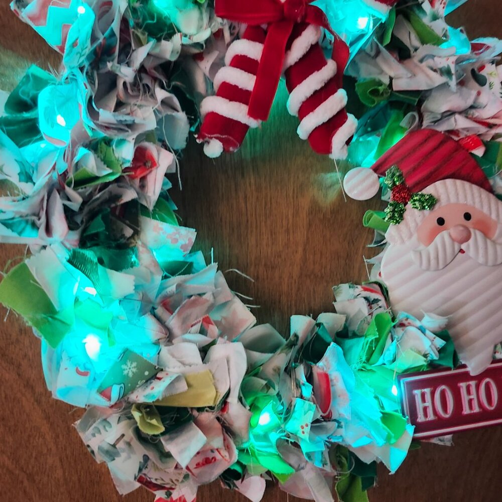 12" Christmas Rag Wreath Santa Face & Candy Canes with Green Lights - Picture 7 of 9